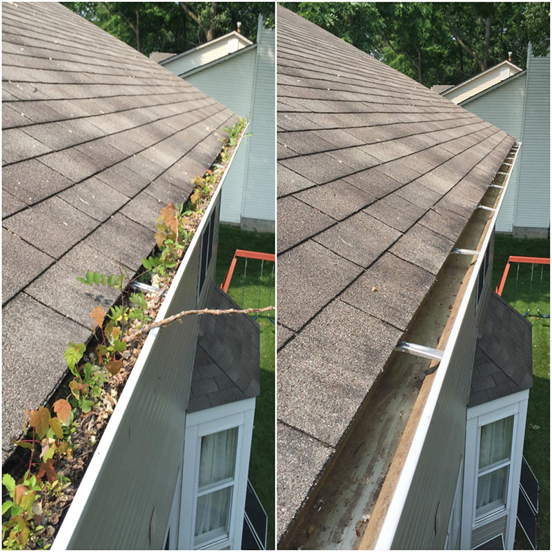 Gutter cleaning before and after — leaves and debris removed