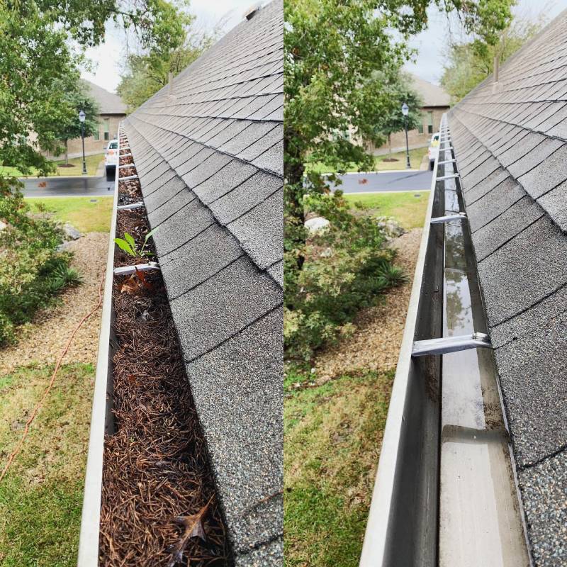 Gutter cleaning before and after — debris and leaves removed