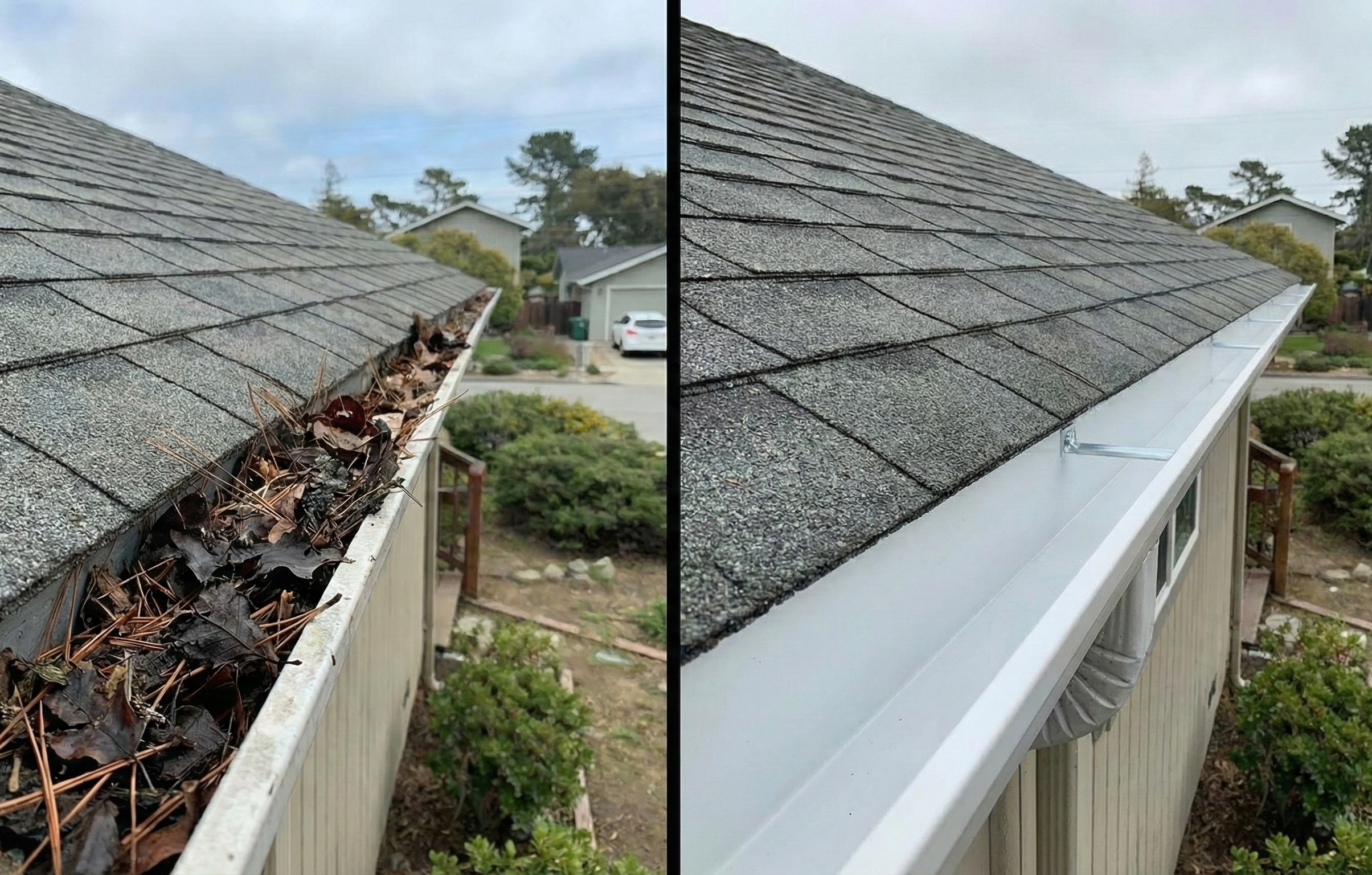 Gutter cleaning before and after — leaves and debris removed