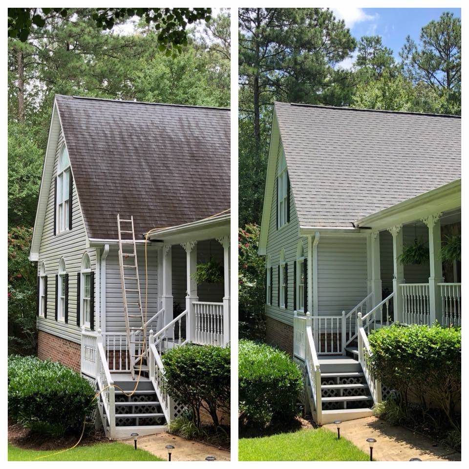 Roof cleaning before and after — shingle roof algae removal