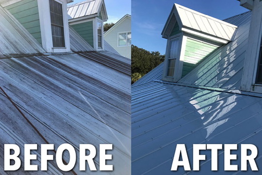 Metal Roof cleaning before and after — full home